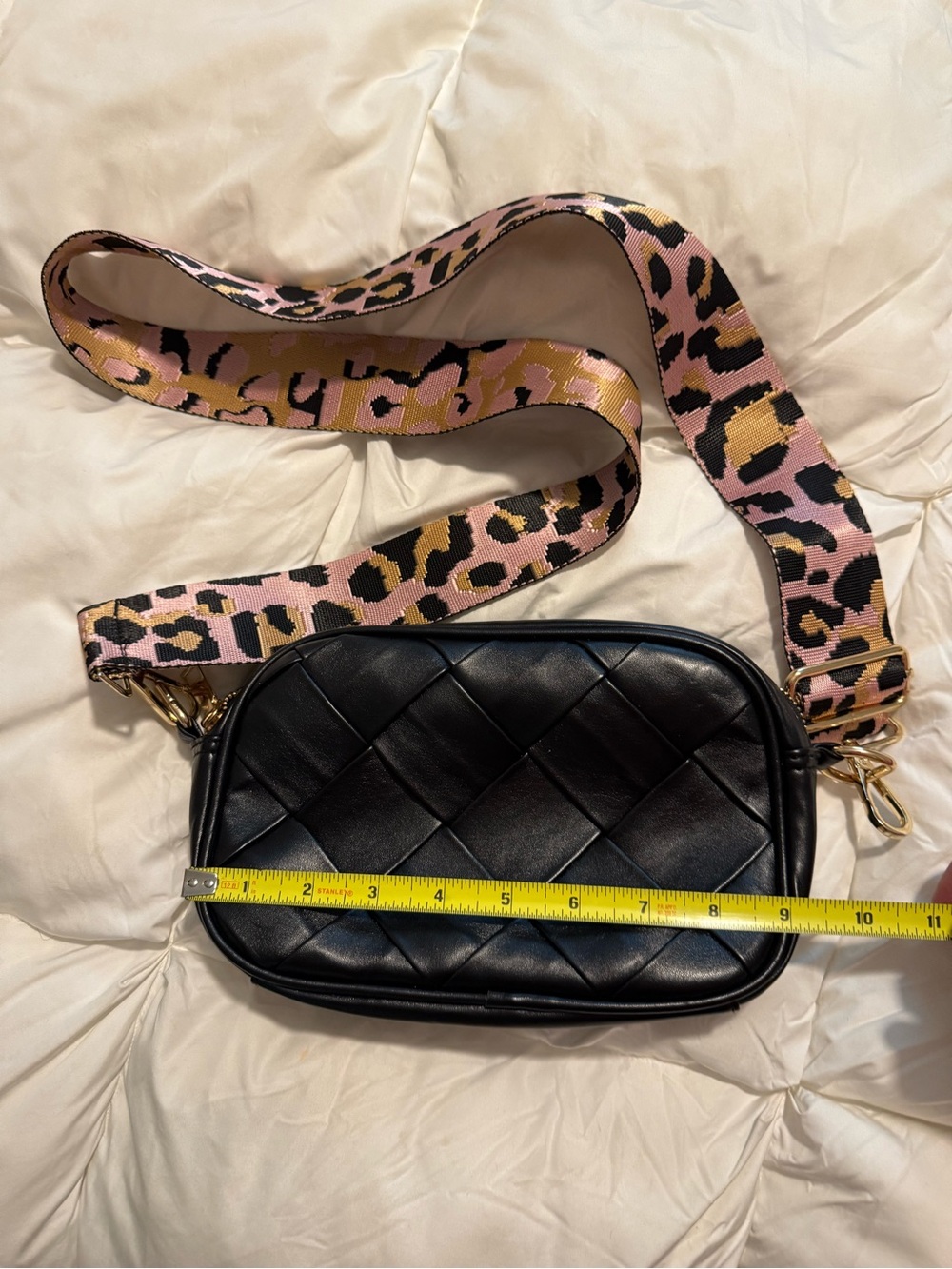 Black Quilted Crossbody Bag with Pink Leopard Strap